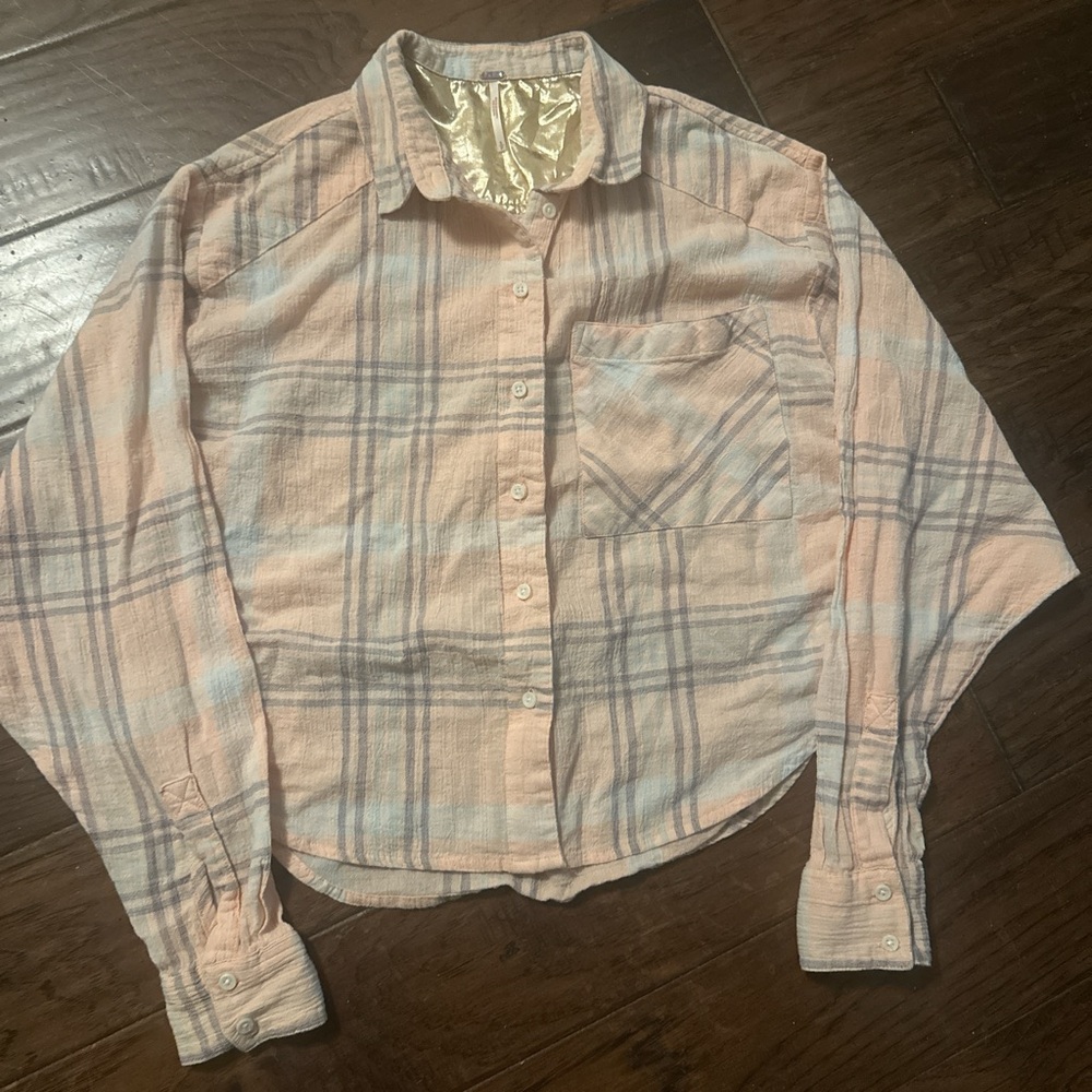 Free People Peach Plaid Button‎ Down Shirt